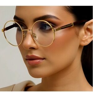 Round‎ Clear Lens Gold Women Glasses Wood Buffs Stylish Fashion Eyeglasses UV400